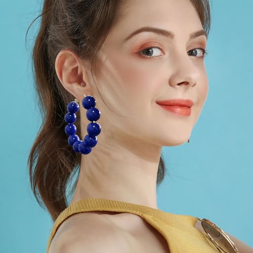 Summer Candy Colored Bead Earrings Lightweight Dainty Acrylic Geometry Hoop Earrings for Women Cute Boho Chic Handmade Jewelry - color: Royal Blue