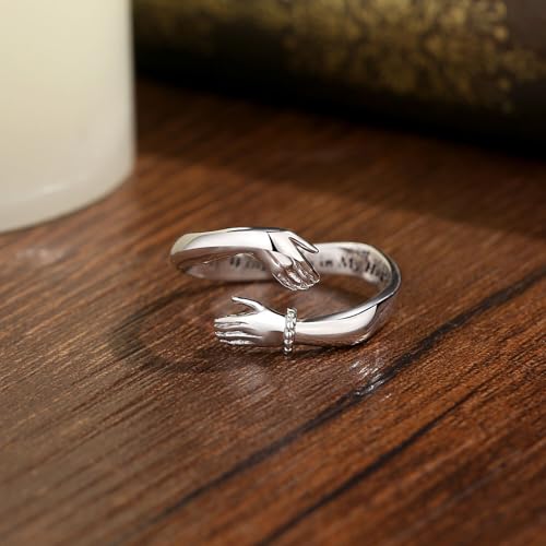 Vito 925 Sterling Silver Adjustable Open Spoon Ring for Women Men, Lotus Sunflower Snake Spoon Band Rings Feather Hug Witches Knot Inspirational Jewelry Gift for Wife - style: hug ring-silver