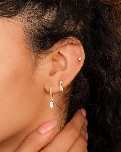 3 Pairs Small Earring Stacks, 14K Gold/Silver/Black/Rose Gold Plated Pearl Heart Butterfly Star Diamond Charm Drop Huggie Earrings Trendy Jewelry Gift for Women - color: Gold-Marquise