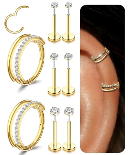 Small Cartilage Double/Triple-Hoop Helix Conch Piercing Earrings With Cubic Zirconia For Women Trendy 14K Gold Plated Titanium Surgical Stainless Steel Sets Nose Rings Hoops Septum Rings - color: 14K Gold, style: B-4Pairs-16Gauge-Double CZ hoop