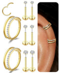 Small Cartilage Double/Triple-Hoop Helix Conch Piercing Earrings With Cubic Zirconia For Women Trendy 14K Gold Plated Titanium Surgical Stainless Steel Sets Nose Rings Hoops Septum Rings - color: 14K Gold, style: B-4Pairs-16Gauge-Double CZ hoop
