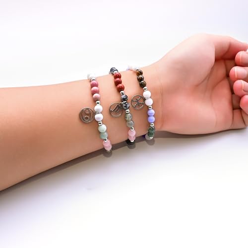 Zodiac Natural Stone Bracelet – Handmade Crystal Healing Bracelet with Zodiac Charm – Adjustable Beaded Jewelry Gift for Women Men Girls - color: Pisces