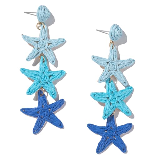 Boho Raffia Earrings Starfish Shell Seashell Dangle Drop Earrings Cute Statemnet Trendy Jewelry Summer Beach Outfits for Women - color: Blue, size: Seastar