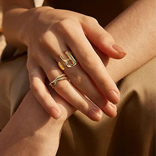 FindChic Customizable Initial Ring Statement 18K Gold Plated Fashion Cuff Rings for Women Alphabet Letter A to Z Resizable Knuckle Ring (with Gift Box) - color: D