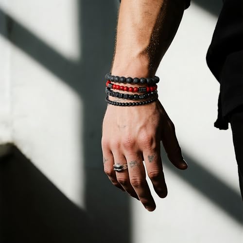 Men’s Hematite Bracelet Set Boho Multi - Tiger Eye/Matte Agate/Lava Rock Gifts for Birthday/Anniversary/Christmas - color: F07 Red Turquoise