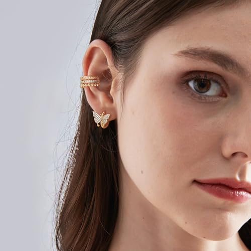 MTMY Gold Ear Cuff Earring for Women 14K Gold Plated Cubic Zirconia Non-Pierced Clip on Cartilage Chunky Ear Cuffs Hypoallergenic Jewelry - style: triple