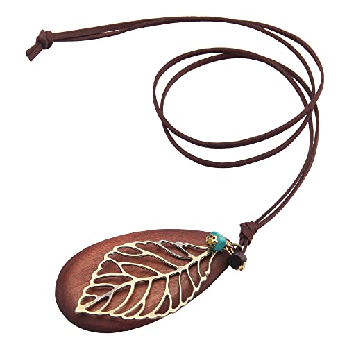 GelConnie Leather Cord Necklace Chain Multilayer Wooden Pendant Necklaces Vintage Jewelry Boho Long Sweater Necklace for Women Men - color: Leaf Leather Necklace