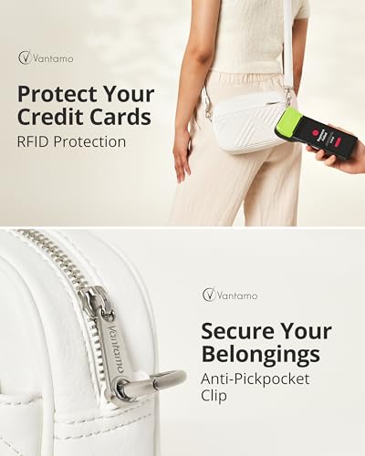 Vantamo Premium Quilted Crossbody Bags for Women with Anti-Pickpocket Clip, Vegan Leather Handbags, Travel Purses for Women - color: White With Faux Leather Strap
