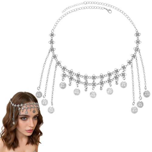 Silver Coin Tassel Head Chain - Ethnic Fringe Forehead Chain Necklace Versatile Jewelry for Women, Tribal Gypsy Belly Dance Headpiece for Festivals, Parties & Everyday Wear