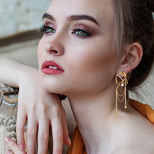 Unique Abstract Face Art | Dangle Statement Long Earrings for Women | Rhinestone Tassel Handmade Chandelier Earrings - color: gold