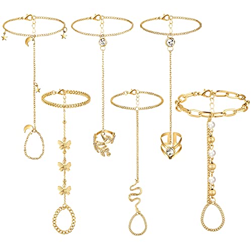 Fumete 6 pcs Finger Ring Bracelet Linked Rhinestone Hand Harness Chain Slave Bracelet with Ring Everyday Jewelry for Women - color: Gold, style: Classic
