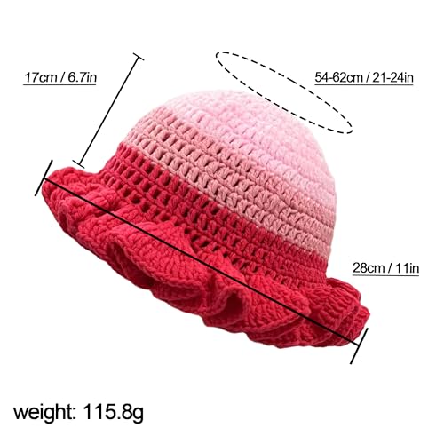 Handmade Crochet Bucket Hat for Women Boho Chic Slouchy Design Colorblock Ruffled Brim Festival&Daily Crochet Hat - color: Fuchsia Pink Contrasting
