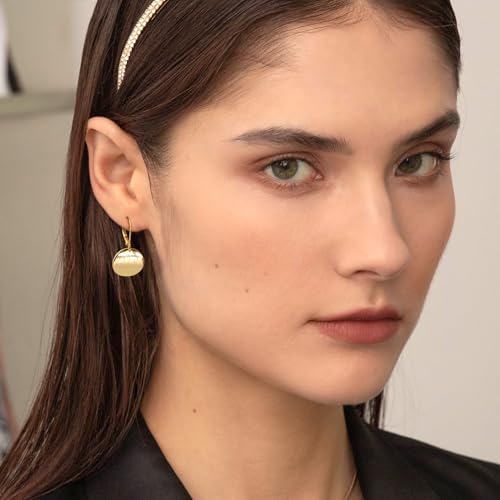 14K Gold Dangle Earrings for Women，Lightweight Circle Disc Coin Geometric Flat Brushed Drop Earrings, Hypoallergenic Leverback Earrings Jewelry - color: A-14K Gold