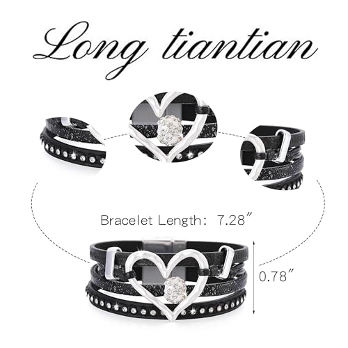 Long tiantian Leather Bracelets for Women Warp Bracelet Stackable Boho Layered Bracelet Chunky Heart Trendy Birthday Gifts for Her - color: A3:Boho Jewelry for Women (Black)