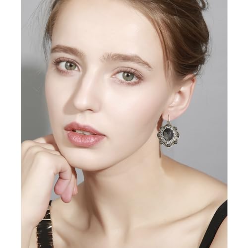 Handmade Bohemian Vintage Gold Sparkly Crystal Round Flower Leverback Earrings Cute Rhinestone Geometry Dangle Drop Earring for Women - color: Grey