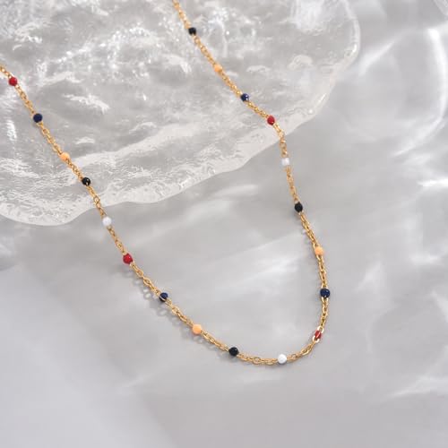 NONAMOIS Gold Chain Necklace for Women Dainty 18K Gold Plated Thin Satellite Beaded Turquoise Necklace Simple Layered Boho Jewelry Christmas Gifts - color: Colorful Beads-Gold