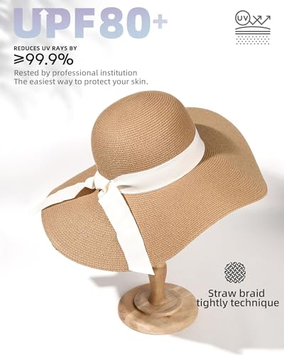 FURTALK Womens Sun Straw Hat Wide Brim UPF 80 Summer Hat Foldable Packable Floppy Beach Hats for Women - color: Khaki With Beige Band, size: Medium-Large