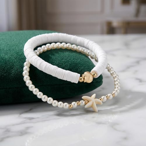 Boho Beads Beach Layered Anklet Set for Women, Handmade Gold Starfish Pearl Shell Anklets Summer Ocean Accessories Jewelry Gift - color: White