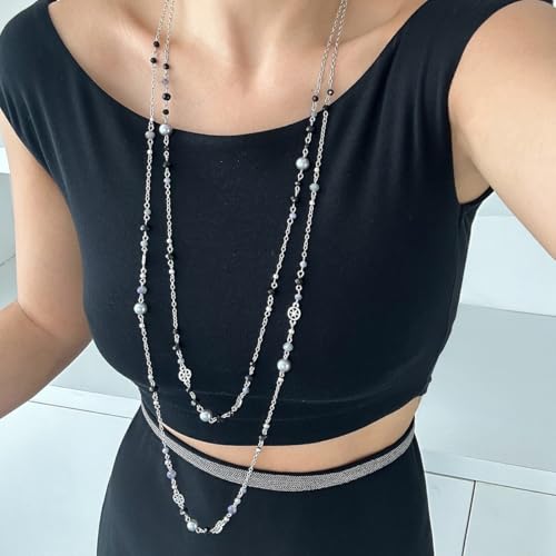 Long Necklaces for Women Pearl Necklaces for Women Long Chain Necklace Dainty Layered Pearl Necklace Statement Sweater Strand Chain Jewelry - color: Black