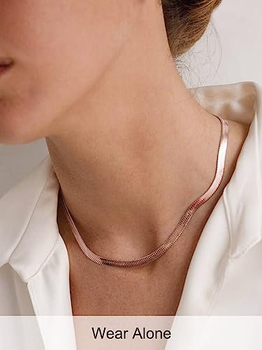 FOCALOOK 14K Gold Plated Necklaces for Women, Fashion Herringbone Choker Necklace Stainless Steel Flat Snake Chain 3/5MM(W) 12.5"/15"/18"+3.5"(L) - color: 5MM-Rose Gold-18"
