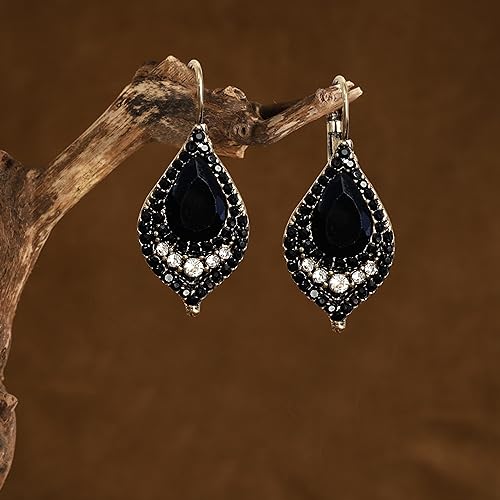Unique Bohemian Vintage Sparkly Crystal Colorful Round Flower leverback earrings Boho Retro Bronze Circle Beaded Flower Floral Dangle Drop Earrings for Women - color: Black 12