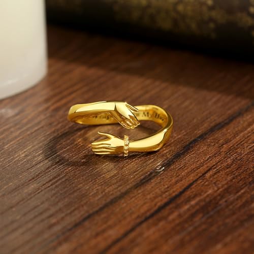 Vito 925 Sterling Silver Adjustable Open Spoon Ring for Women Men, Lotus Sunflower Snake Spoon Band Rings Feather Hug Witches Knot Inspirational Jewelry Gift for Wife - style: hug ring-golden
