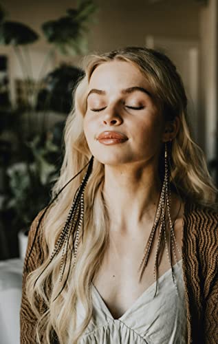 Feather Headz Bohemian handmade long lightweight feather dangle earrings for women - color: Black & Grizzly
