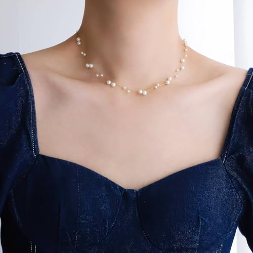 Pearl Necklaces for Women, Dainty Layered Pearl Choker Necklace, Handmade Elegant Gold and Pearl Necklace for Statement Jewelry