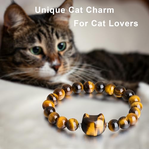 Beaded Bracelets for Women, Black Obsidian Money Attraction Bracelet, 8mm Healing Relax Anxiety Luck Crystal Bead Bracelets, Adjustable Jewelry Feng Shui Stretch Bracelet Cat Lover Gifts for Women Men - color: Tyger Eye Cat