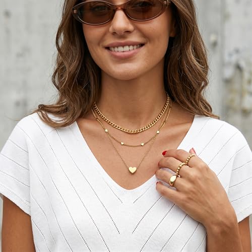 WomenGifts Layered Gold Necklaces for Women, 14K Gold Sterling Silver Plated Dainty Pendant Necklace Set Non Tarnish, Chunky Stackable Cuban Chain Choker, Trendy Birthstone Vacation Jewelry Gift - color: Silver, style: Heart Trio
