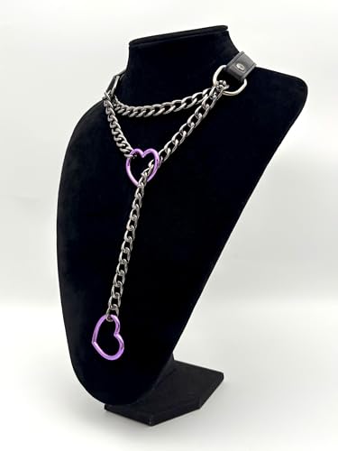 Black Leather Choker Collar For Women, Handmade Heart Slip Chain Choker Long Necklace with Adjustable Buckle - color: B-Black-Black-Purple, size: 18''chain