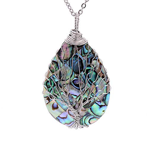 sedmart Tear Drop Abalone Shell Pendent Necklace Wire Wrap Abalone Shell Tree of Life Pendant Necklace Fashion Necklace Jewelry for Women handmade necklace mothers day necklace for mom jewelry - color: A1 Silver Abalone