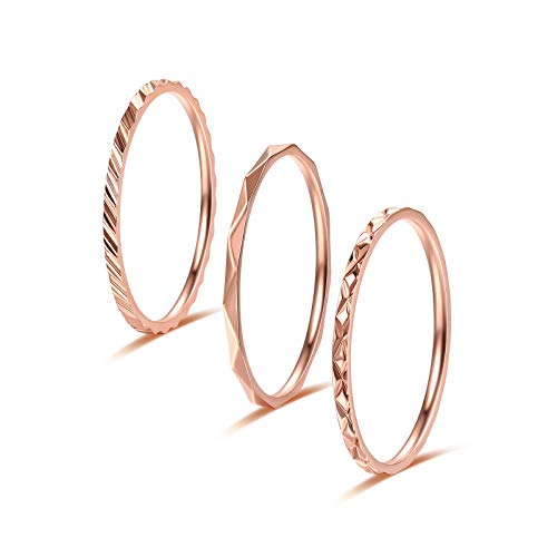 KAZITSAN 1mm 3pc Women Men Stainless Steel Rings fashion Plain Band Knuckle Stacking Midi Rings Silver/Rose Gold Wedding Band Comfort Fit - color: RoseGold