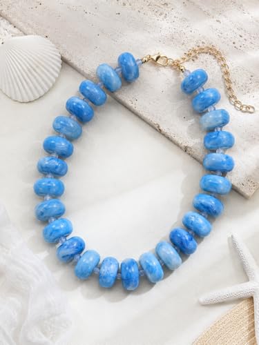 Multi-Color Chunky Beaded Necklace for Women, Vibrant Acrylic Candy Bead Choker Necklace with Adjustable Stainless Steel Clasp, Summer Statement Jewelry for Festivals - color: Light Blue
