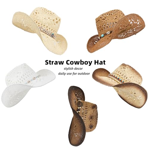 Straw Cowboy Hat for Women and Men with Shapeable Wide Brim Sun Beach Western Cowgirl Hat - color: Khaki-m
