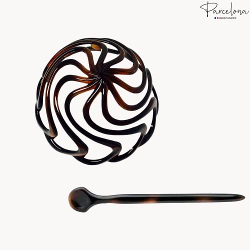 Parcelona French Swirls Celluloid Chignon Hair Slide Pin Thru 3.5" Bun Cover Ponytail Round Hair Clips for Women Styling Girls Hair Accessories No Slip Durable, Made in France(Tortoise Shell)