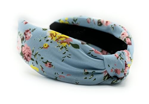 Autumn Headbands for Women Satin Blue Rose Floral Warable All Day, Colorful, Silk Feel, Fall Womens Knotted Headband Fashion Designer Top Knot Girls Hair Head band - color: Sky Blue