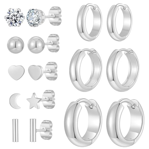 Silver Gold Plated Surgical Steel Flat Back Earrings for Women Hypoallergenic 14K Gold Plated Stud Huggie Earring Set Fashion Shell Cubic Zirconia Flatback Studs Cartilage Earrings Pack for Multiple Piercing 5/8Pairs - color: 8 Pairs Silver Plated Huggie/