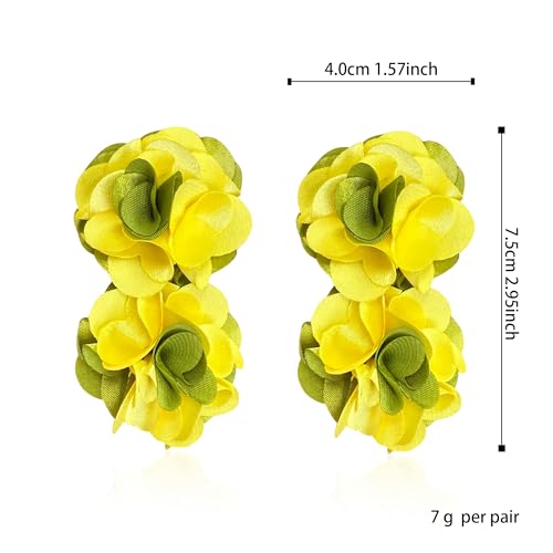 Oversized Fabric Flower Earrings for Women Statement Boho Chic Dangle Drop Earrings for Parties Weddings or Everyday Wear - color: Yellow Green