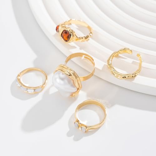 Chunky Gold Rings for Women Non Tarnish Statement Flower Ring Baroque Pearl Stackable Rings Set 6Pcs Chunky Jewelry - color: Gold 2