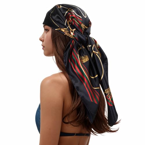RIIQIICHY Head Scarf for Women Like Silk Scarf Hair Scarf Printed Square Scarf Bandanas for Women 35 Inches - color: Navy/Gold/Red/Green