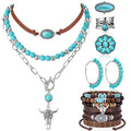 Ecally Bohemian Western Jewelry Turquoise Set Women Country Pendant Long Choker Layered Bracelets Earrings Ring for Women - color: Turquoise, style: Shiny