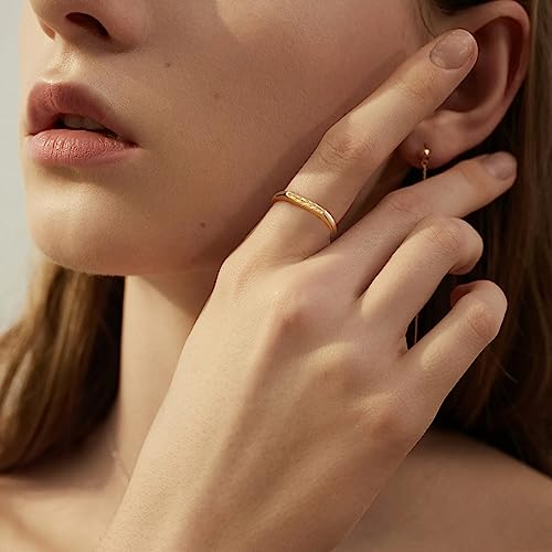 YeGieonr 14K Gold Plated Signet Rings for Women Non Tarnish 925 Sterling Silver Dainty Stackable Gold Ring, Waterproof Engraved Flower Thin Band Unique Everyday Jewelry Gift - color: Yellew Gold-Eucalyptus Signet Ring