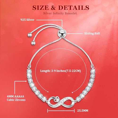 J.Fée Infinity Heart Bracelets for Women with 5A Cubic Zirconia, 925 Silver Bracelets for Women Adjustable Womens Bracelet Jewelry for Wife Girlfriend Her - color: Infinite Love#4