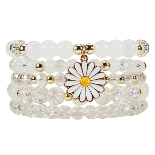 coadipress 5Pcs Bohemian Flower Stackable Bead Bracelets for Women Multilayer Crystal Glass Beaded Charm Bangles Bracelet Boho Summer Beach Hawaii Holiday Statement Jewelry - color: White