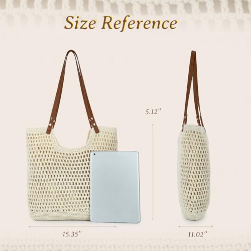 GOKTOW Crochet Beach Bag Women Woven Tote Handbag Casual Boho Bags Large Shoulder Purse For Summer Vacation Travel - color: Beige