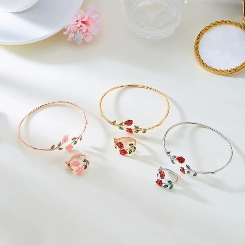 Dtja Vintage Rose Flower Bangle Cuff Bracelet Red Floral Statement Expandable Adjustable Ring for Women Antique Tribal Theme Green Leaf Jewelry for Valentine Christmas Holiday 2 Piece Set - color: Rose Gold-Toned