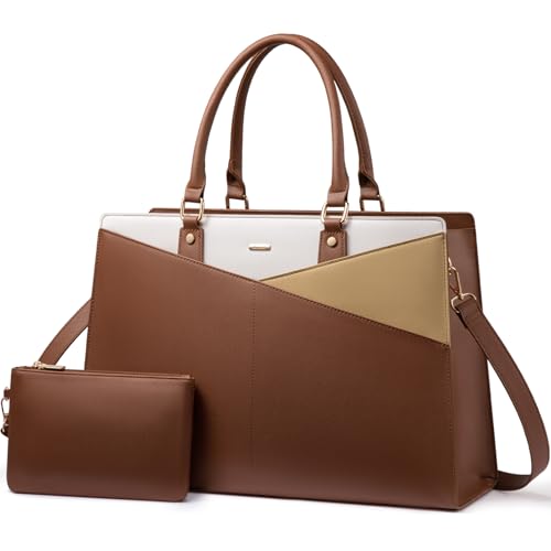 LOVEVOOK Laptop Tote Bag for Women, Leather Business Office Work Bag Computer Briefcase with Small Clutch fit for 15.6 Inch Laptop,Brown-Beige-Apricot