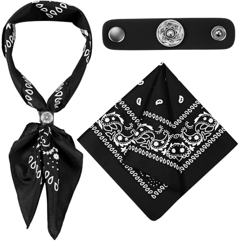 Bandanas Scarf with Leather Ring Floral Buckle Paisley Bandana Headwear Western Scarf Gifts for Women Men Halloween - color: Black