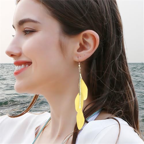 coadipress Boho Piercing Tassel Feather Long Chain Earrings Retro Lightweight Native Feather Dangle Drop Earrings for Women Bohemian Handmade Natural Feathers Earring Jewelry - color: Yellow